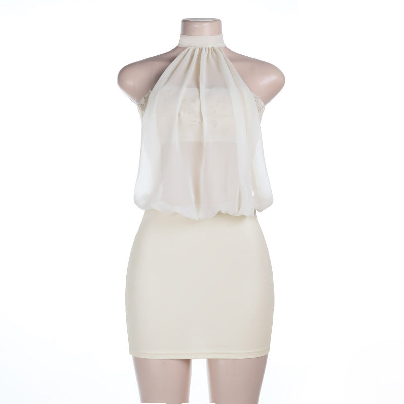 Sexy Mesh See through Stitching Spring Sleeveless Halter Hip Dress Bella Mia