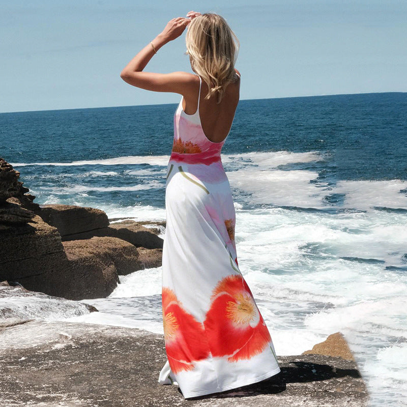 Summer Vacation Printed Maxi Dress Large Floral Contrast Color Strap Backless A line Dress Beach Dress Bella Mia
