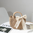 Crossbody Small Bag for Women Lace Bow Hand Woven Bag Shoulder Portable Crossbody Straw Woven Bag Bella Mia