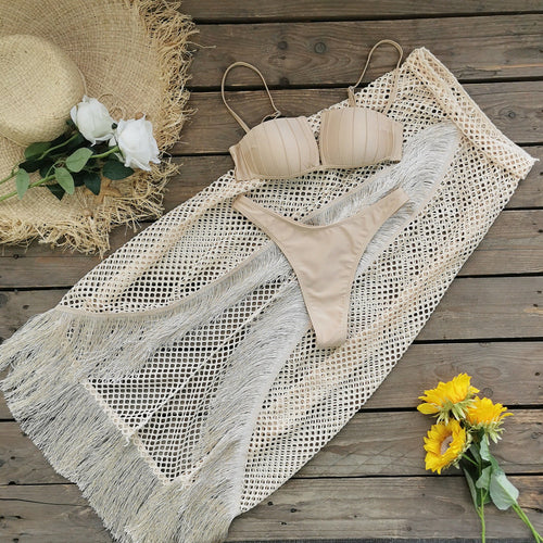 Bikini Half Length Tulle Skirt Tassel Three Piece Set Sexy Split Swimsuit Beach Bella Mia