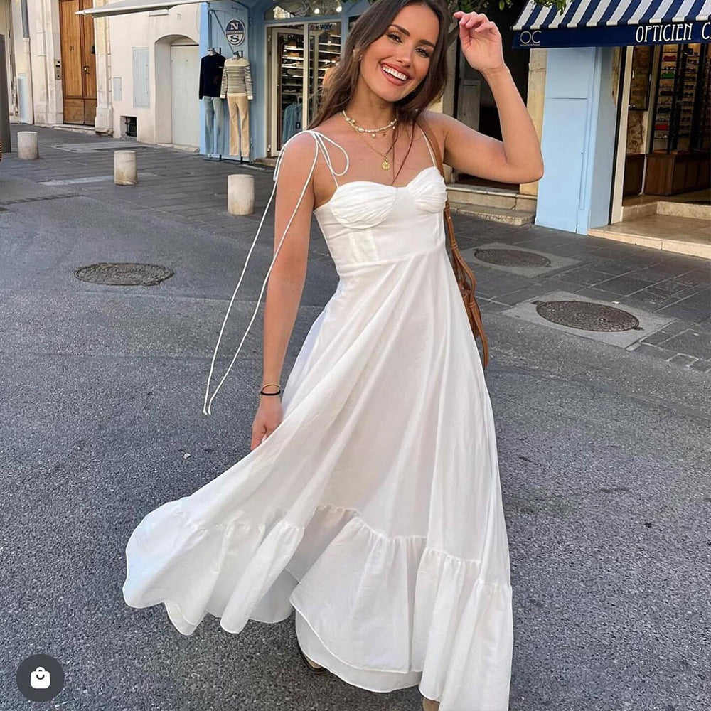Summer Women Clothing Laminated Decoration Poplin Sleeveless Sling Dress Slimming Bella Mia