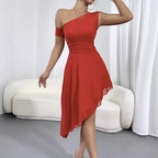 Women Clothing Solid Color Tube Top Dress Oblique Shoulder Design Backless Double Layer Mesh Sexy Dress Bella Mia