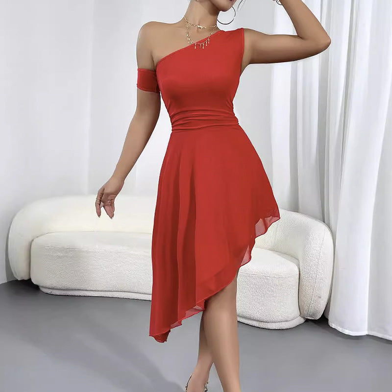 Women Clothing Solid Color Tube Top Dress Oblique Shoulder Design Backless Double Layer Mesh Sexy Dress Bella Mia