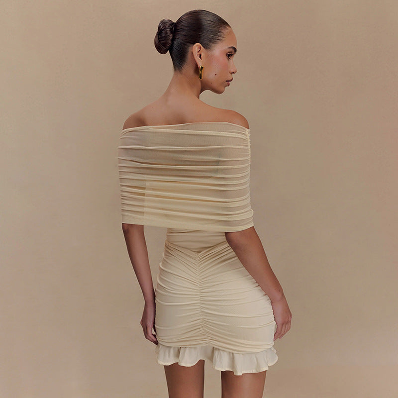 Women Clothing Ruffle Hip Ruffled Mesh Outerwear Strapless Dress Slim Dress Bella Mia