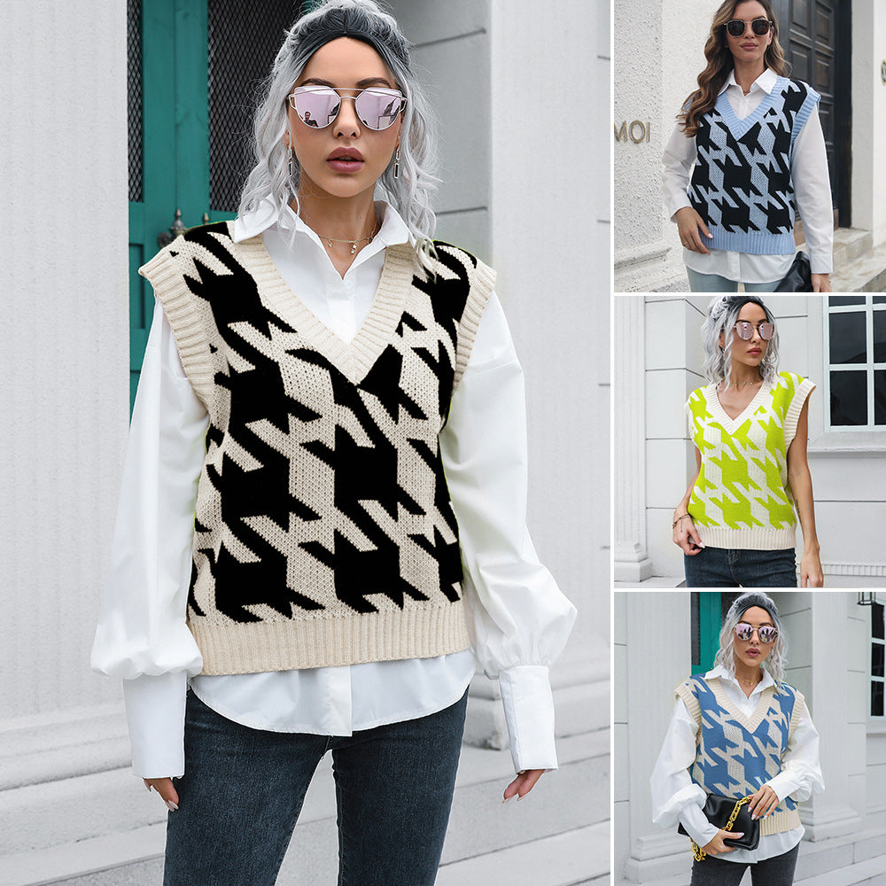 Houndstooth V-neck Vest Sweater Women Vest Outer Wear Inner Wear Autumn Winter Knitwear Sweater Boucle Bella Mia