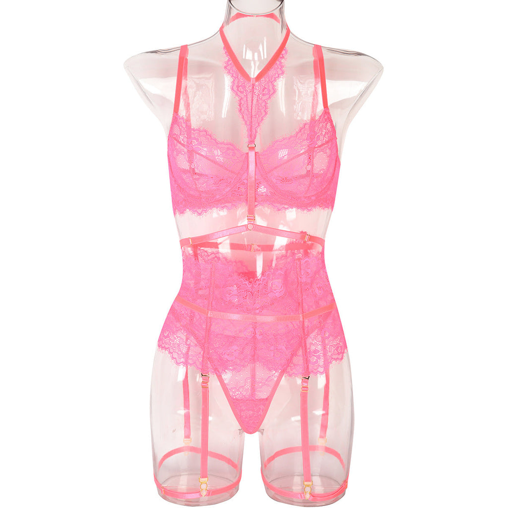 Sexy Three Piece Summer Lace Eyelash Lace Stitching with Halter Foot Ring Bella Mia