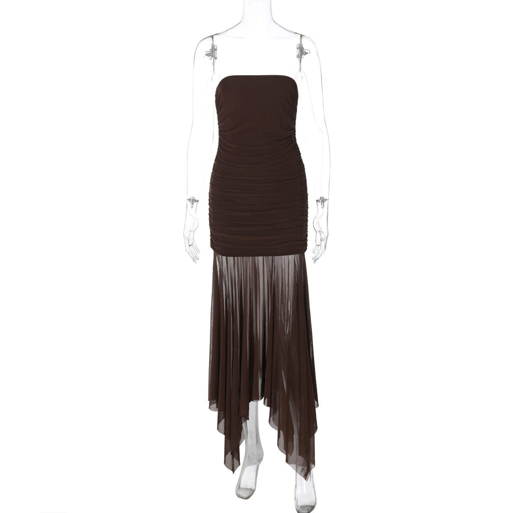 Women Clothing Spring Sexy Tube Top off Neck Mesh Stitching Dress Bella Mia