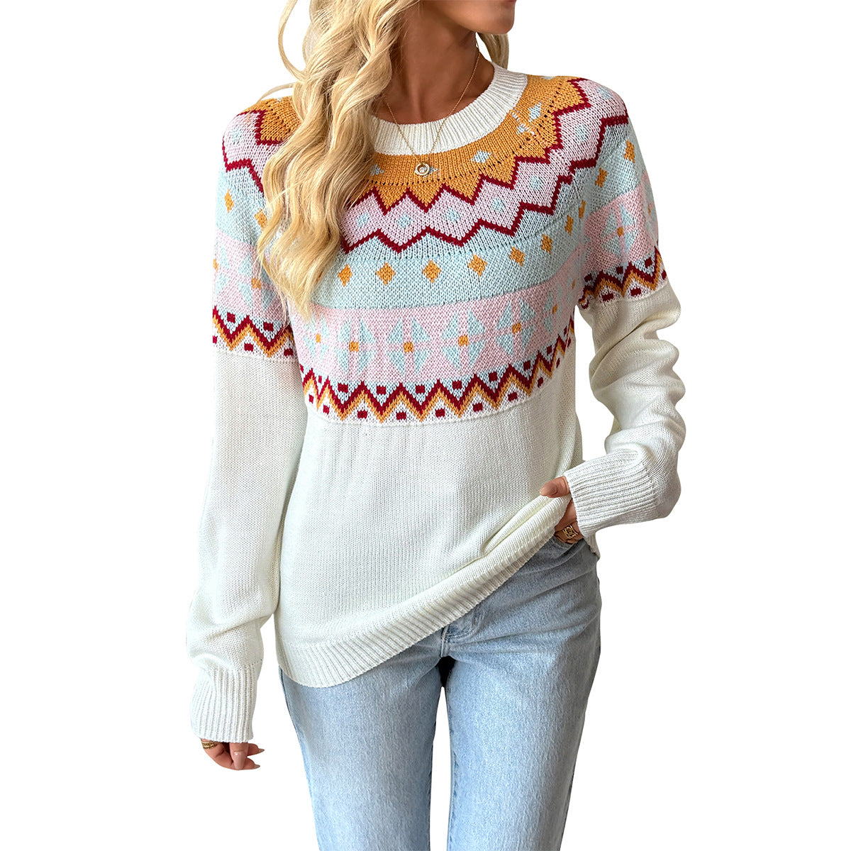 Autumn Winter Bottoming Shirt Casual Loose Contrast Color Jacquard Long Sleeve round Neck Sweaters Women Clothing Bella Mia