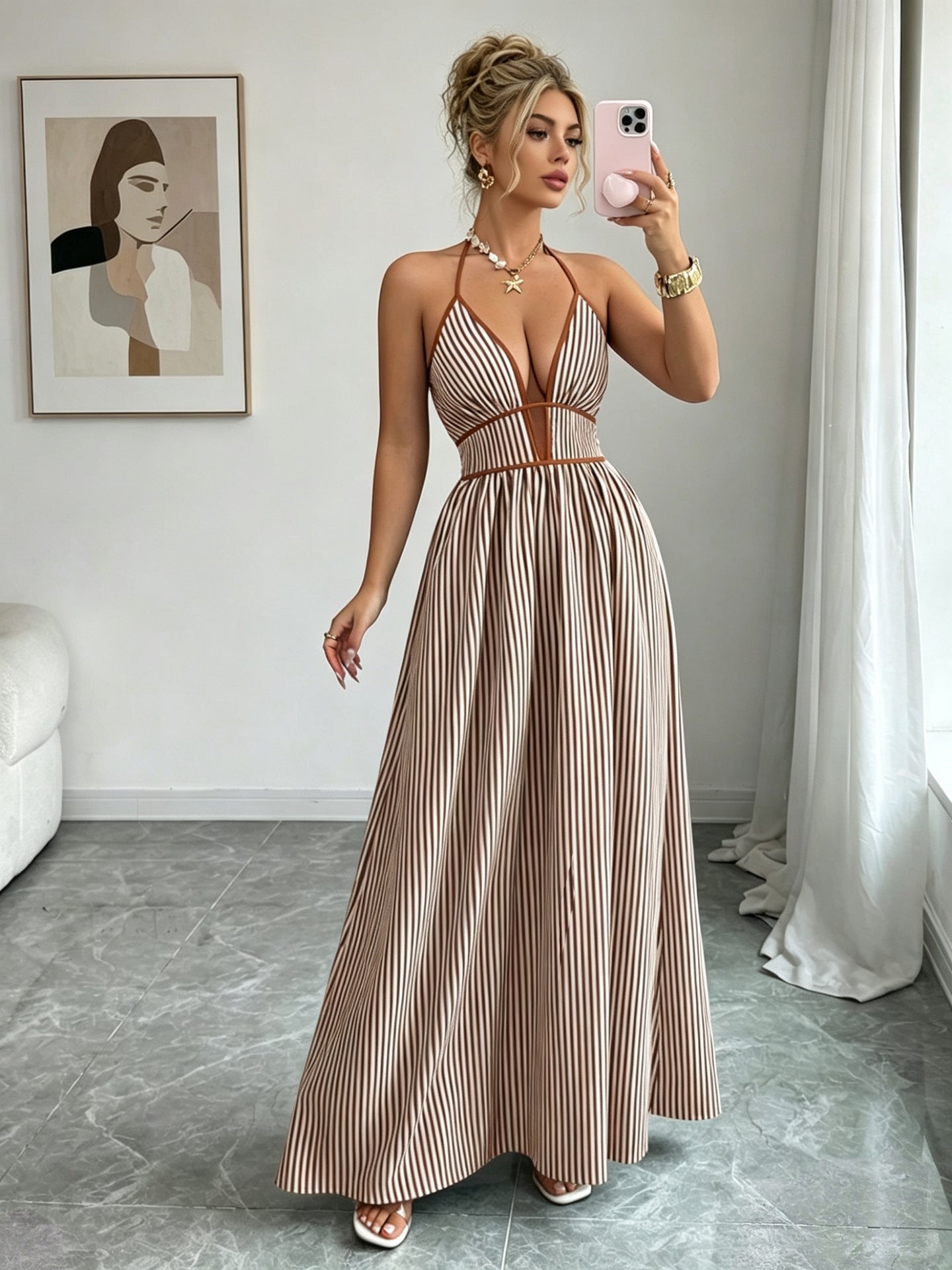 Casual Sleeveless Halter Fitted Waist Striped Color Matching Long Maxi Dress Bella Mia