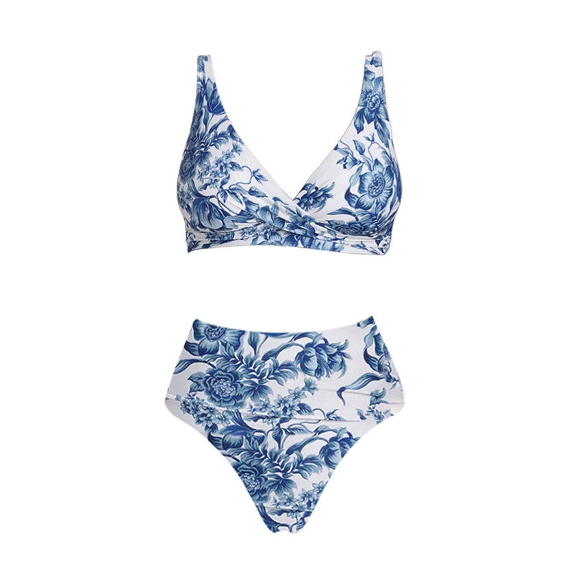 Bikini Blue Color Floral Vacation Split Swimsuit Women Bella Mia