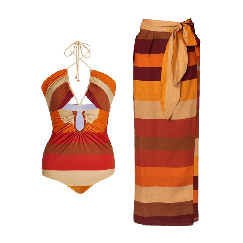 One Piece Bandage Swimsuit Women Tight Vintage Stripe Spring Swimsuit Chiffon Skirt Set Bella Mia