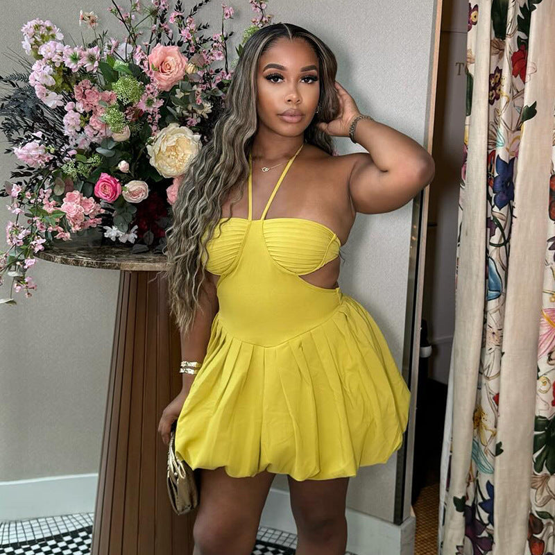Women Clothing Autumn Sweet Fresh Halter Tube Top Backless High Waist Short Dress Puffy dress Bella Mia