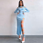 Sexy Leggings Split Dress Autumn Women Clothing Solid Color Long Sleeve Hollow Out Cutout Dress Bella Mia