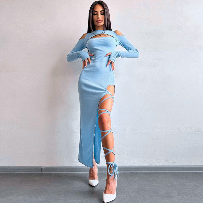 Sexy Leggings Split Dress Autumn Women Clothing Solid Color Long Sleeve Hollow Out Cutout Dress Bella Mia