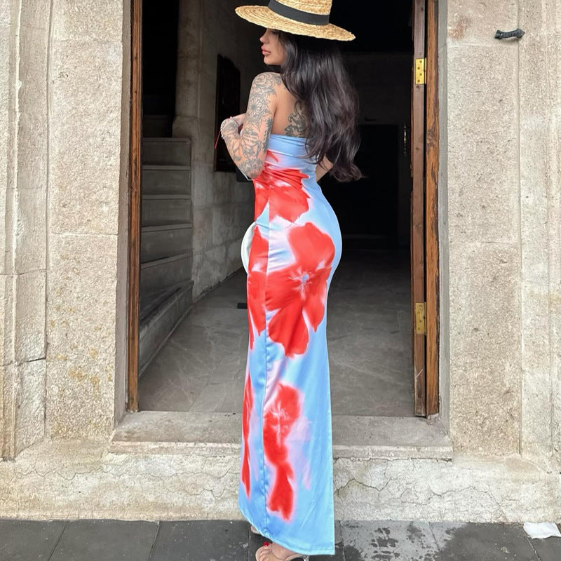 Women Clothing Summer Tube Top Floral Print Slim Fit High Waist Slit Maxi Dress Bella Mia