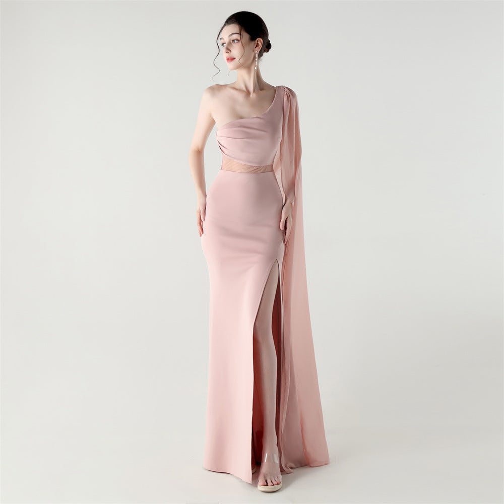 Single Shoulder Crossbody Stitching Mesh Design Satin Slim Cocktail Dress Evening Dress Bella Mia
