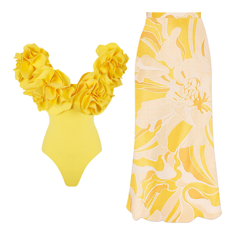 Three Dimensional Floral One Piece Swimsuit Women Beach Vacation Suit Skirt Swimsuit Bella Mia