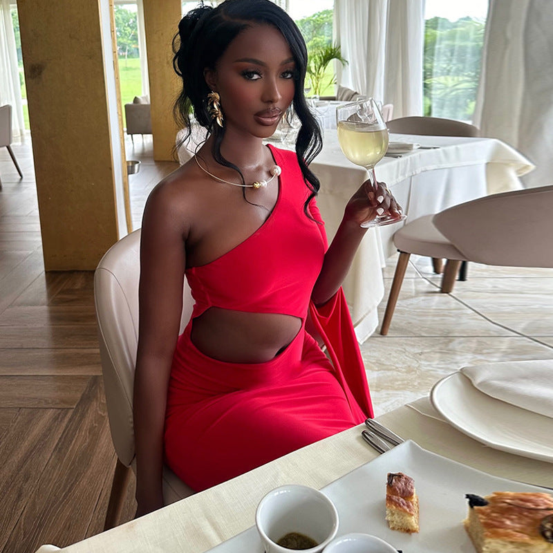 Women Clothing Solid Color Dress Sexy Cold Shoulder Sleeveless Bell Sleeve Hollow Out Cutout out Elegant Dress Dress Bella Mia