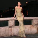 Women Clothing Advanced Sleeveless V neck Slim Fit Sheath Sequined Cocktail Fishtail Evening Dress Bella Mia
