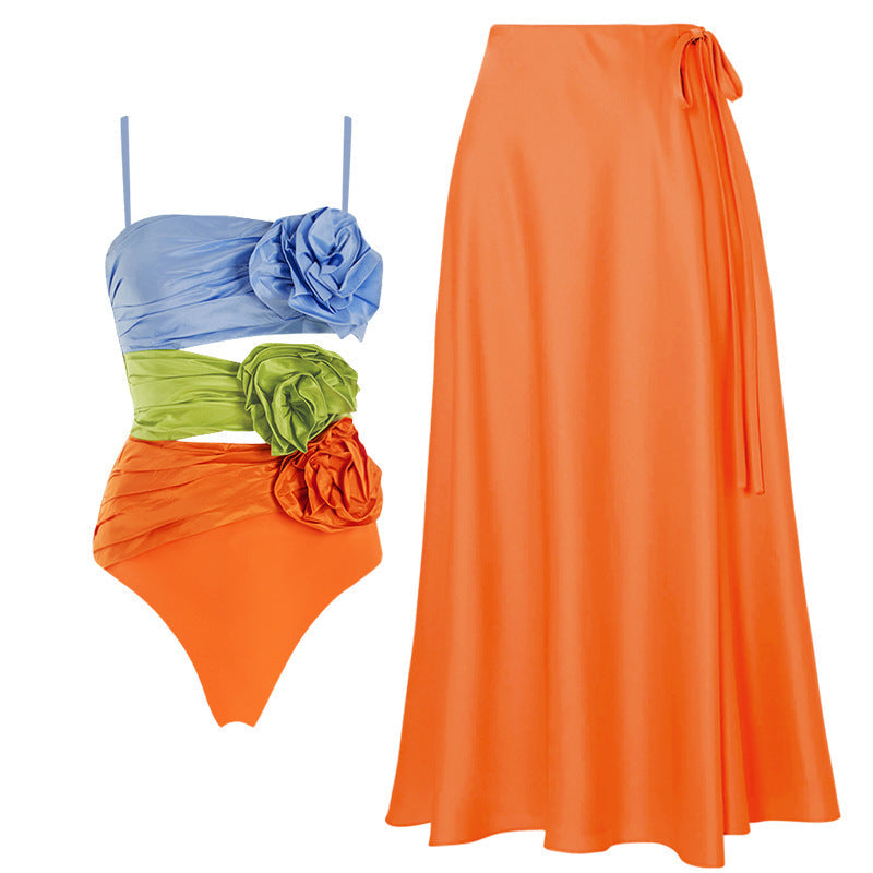 Color Matching Floral Decoration Hollow Out Cutout Tube Top One Piece Swimsuit Suit Skirt Women Bella Mia