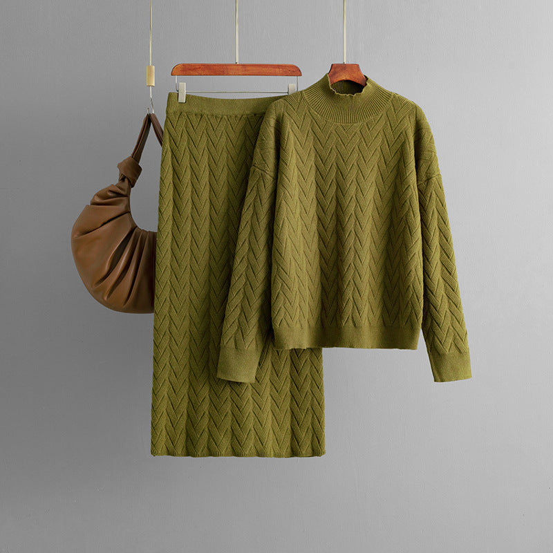 Autumn Winter Jacquard Half High Collar Long Sleeves Knitwear Pullover Top Skirt Two Piece Set Bella Mia