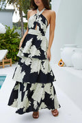 Spring Summer Women Clothing Sexy Print Tiered Dress Lace up Maxi Dress Bella Mia