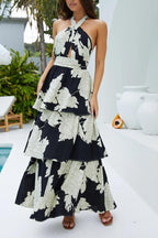 Spring Summer Women Clothing Sexy Print Tiered Dress Lace up Maxi Dress Bella Mia