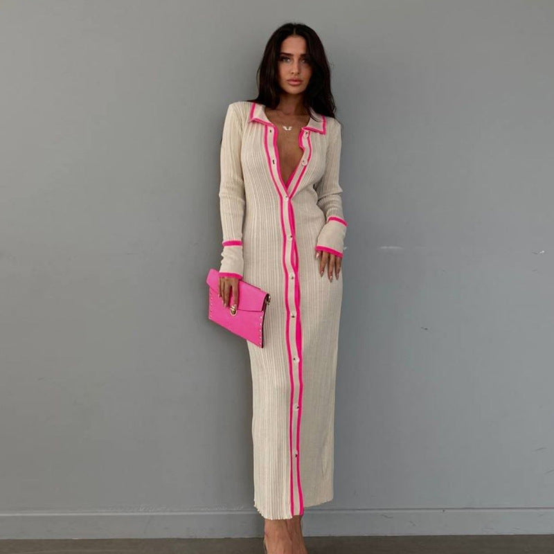 Slim Collared Patchwork Women Long Sleeved Cardigan Dress Bella Mia
