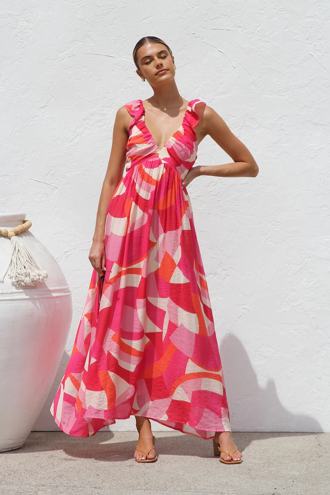 Summer Dress Same Printed V neck Large Swing Strap Dress Women Bella Mia