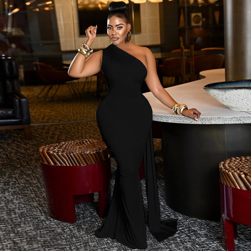 Women Clothing Tied Slim Fit Design Slimming Hip Pleated Diagonal Collar Shoulder Solid Color Length Dress Bella Mia