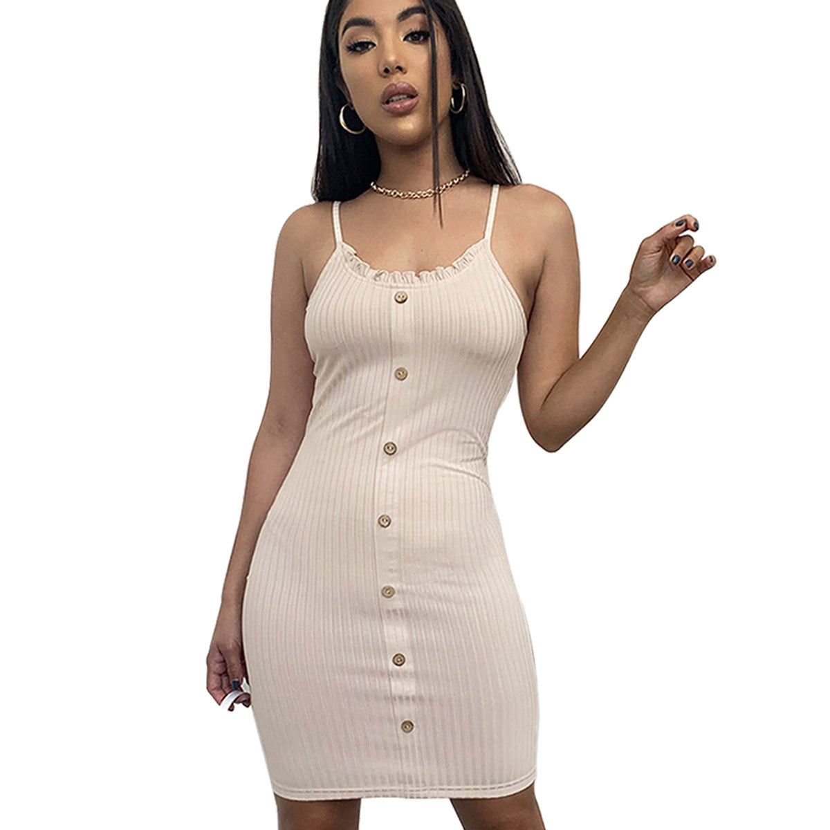 Women Clothing Sexy Cami Dress Striped Slimming Single-Breasted Thread Cami Dress Thin Slim Fit Bella Mia