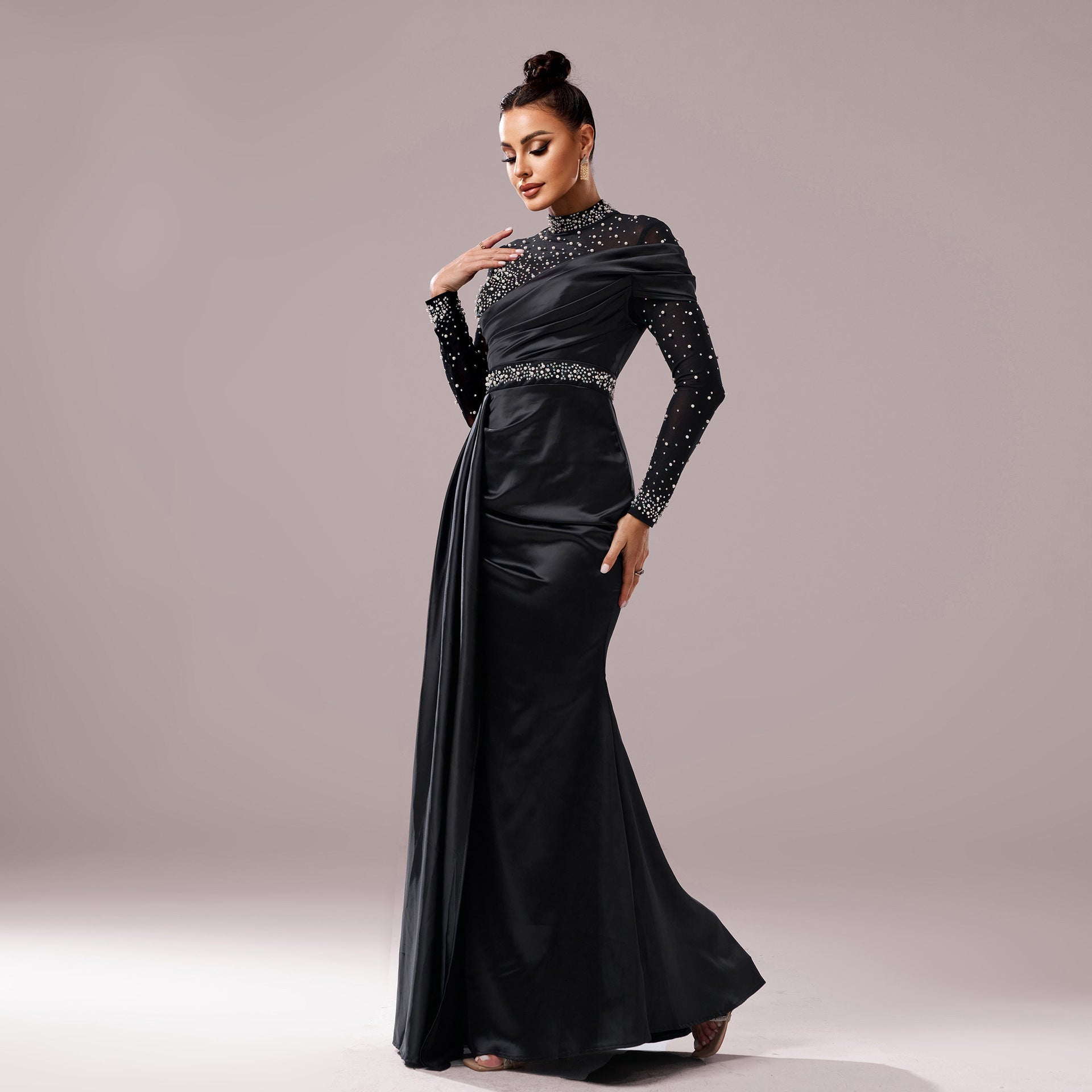 Women Clothing Long leeved round Neck Slim Fit Sheath Sequined Cocktail Fishtail Evening Dress Bella Mia