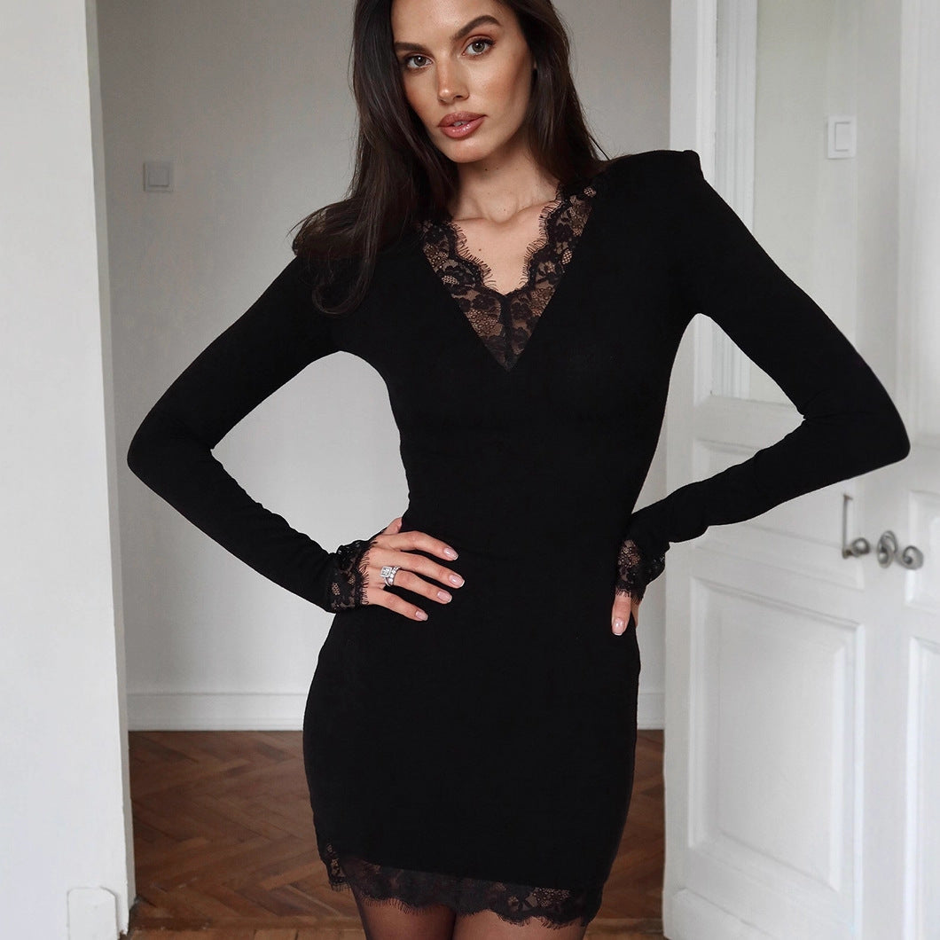 Adult Lady like Woman Autumn Winter V neck Lace Stitching Black Sexy Tight Milk Silk Hip Elegant Dress Bella Mia