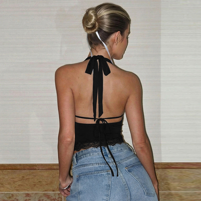 Lace Stitching Swing Collar Halterneck Vest Women Winter Sexy Inner Wear Outer Wear Slim Fit Tied Top Women Bella Mia