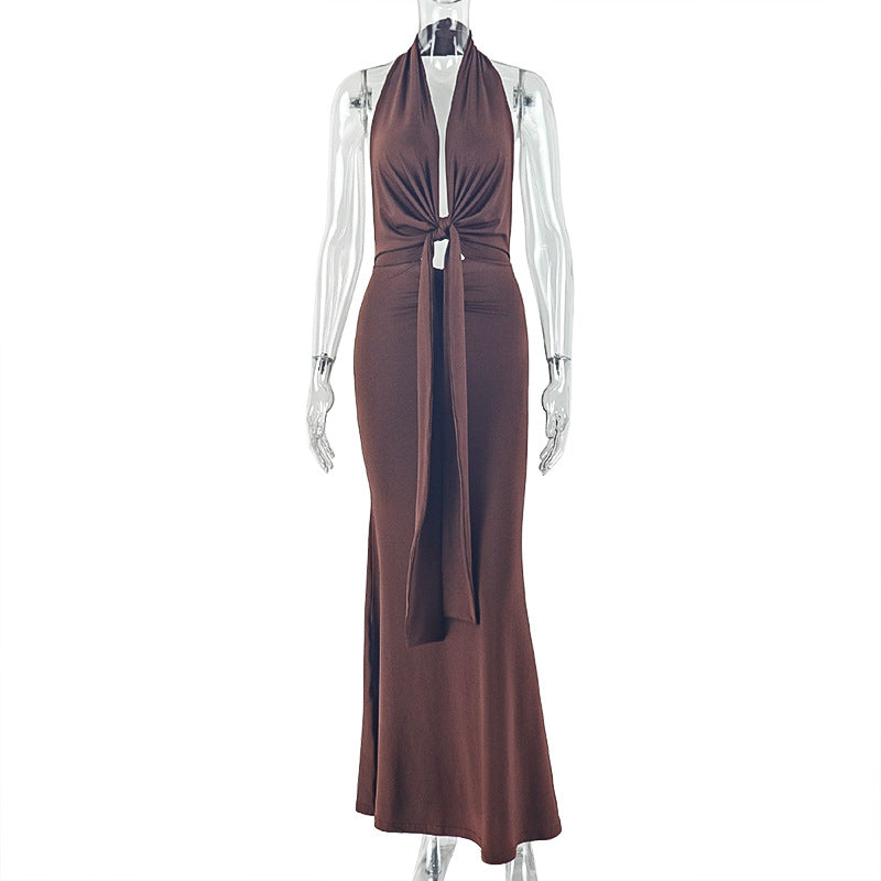 Women Clothing Fitted Waist Pleated Lace-up Hip Skirt Halter Sexy Backless Home Comfortable Maxi Dress Bella Mia