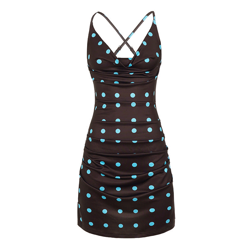 Women Clothing Sexy Polka Dot Swing Collar Cross Strap Backless Dress Retro Dress