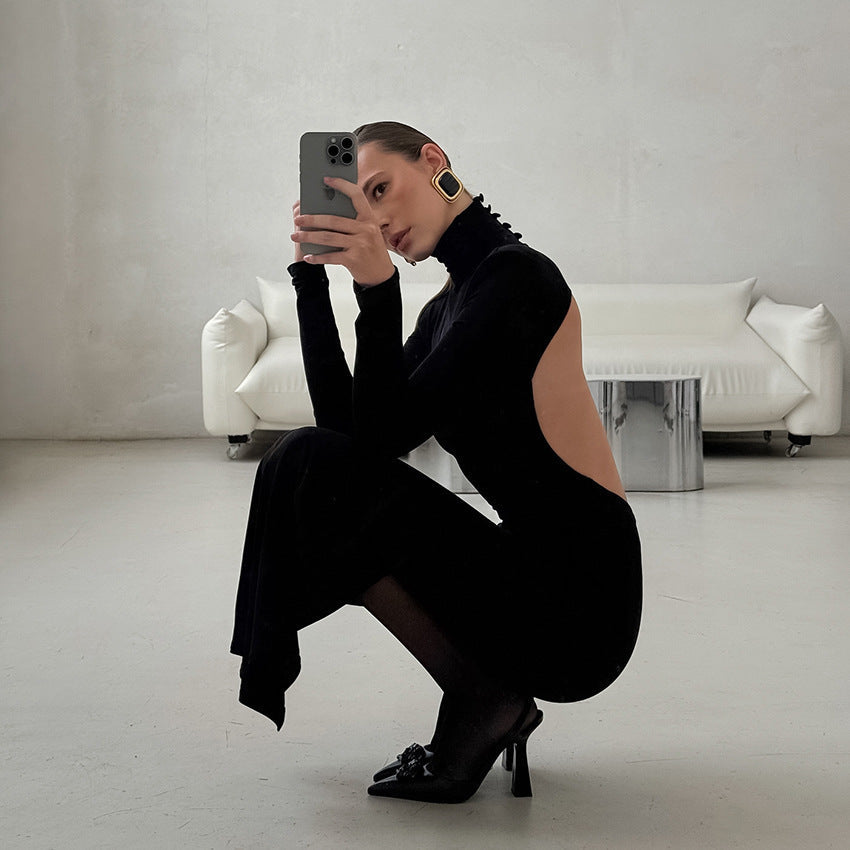 Spring Elegant Black Sexy Backless Knitted Slim Fit Long Sleeved Turtleneck Dress for Women Bella Mia