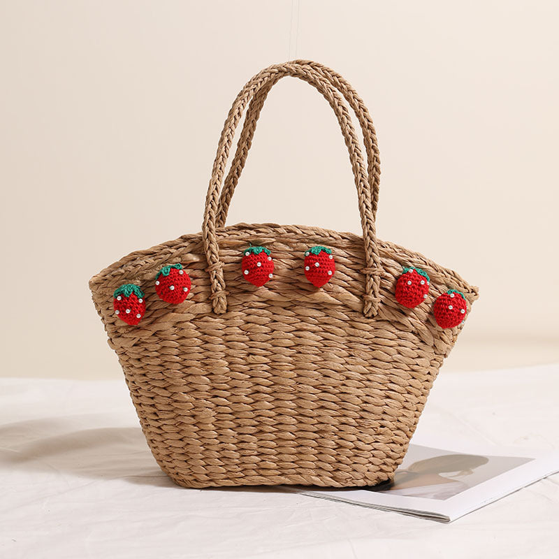 Cute Strawberry Portable Vegetable Basket Bag Hand Carrying Large Capacity Straw Bag Vacation Beach Bag Hand Woven Bag Bella Mia