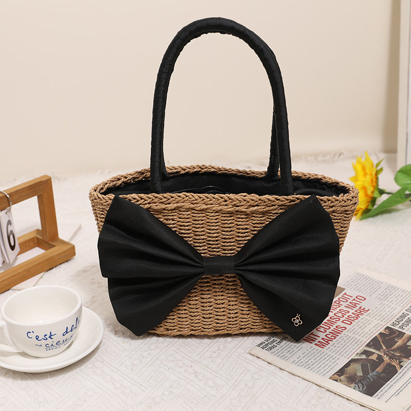 Mori Bow Straw Bag Portable Simplicity Hand Woven Bag Seaside Vacation Beach Bag Rattan Weave Bag Bella Mia