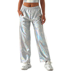 Metallic Coated Fabric Casual Pants Women High Street Design Aurora Laser Gradient High Waist Straight Pants All Matching Elastic Mop Pants Bella Mia