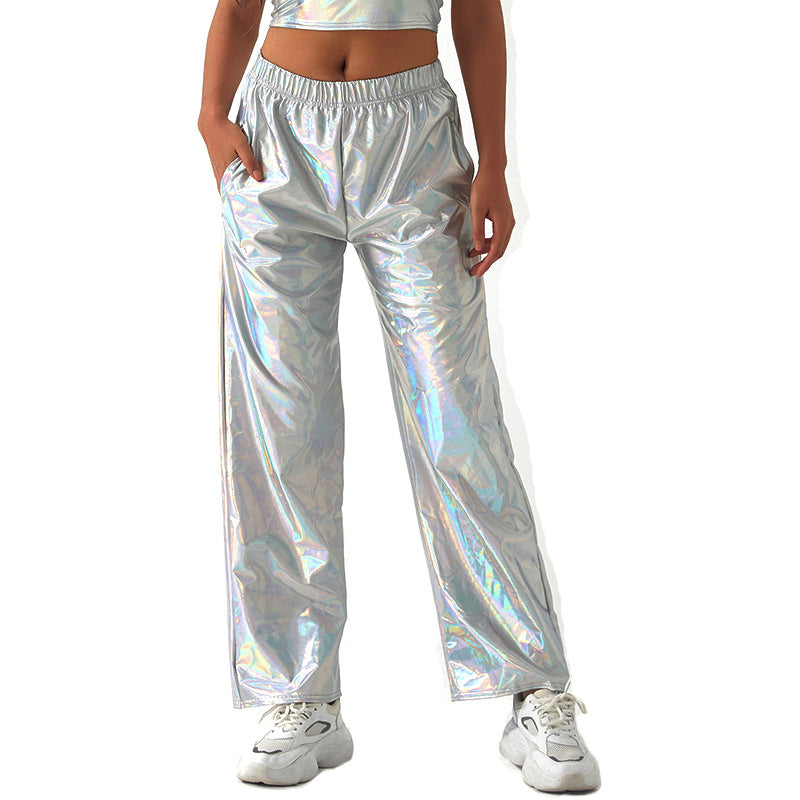 Metallic Coated Fabric Casual Pants Women High Street Design Aurora Laser Gradient High Waist Straight Pants All Matching Elastic Mop Pants Bella Mia