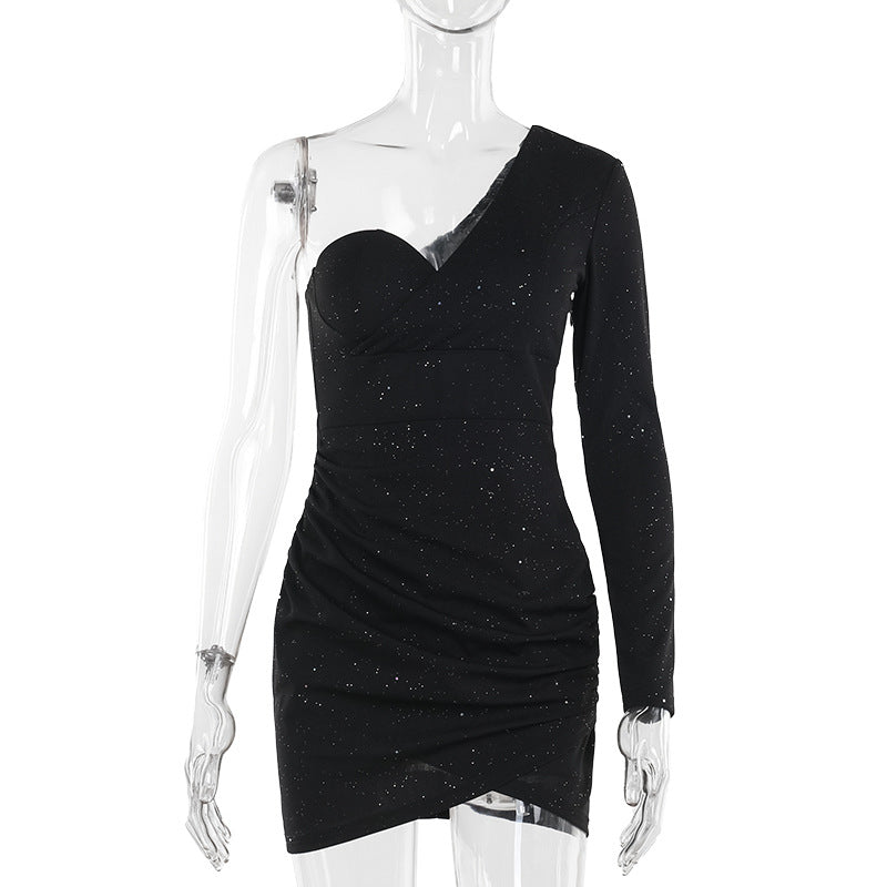 Autumn Sexy One Shoulder Long Sleeve Pleated Thin Glittering Sheath Dress Women Bella Mia
