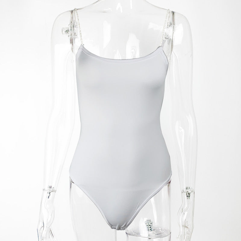Summer Women Clothing Diamond Chain Slim Top Sexy Low-Cut Sling Bodysuit Bella Mia