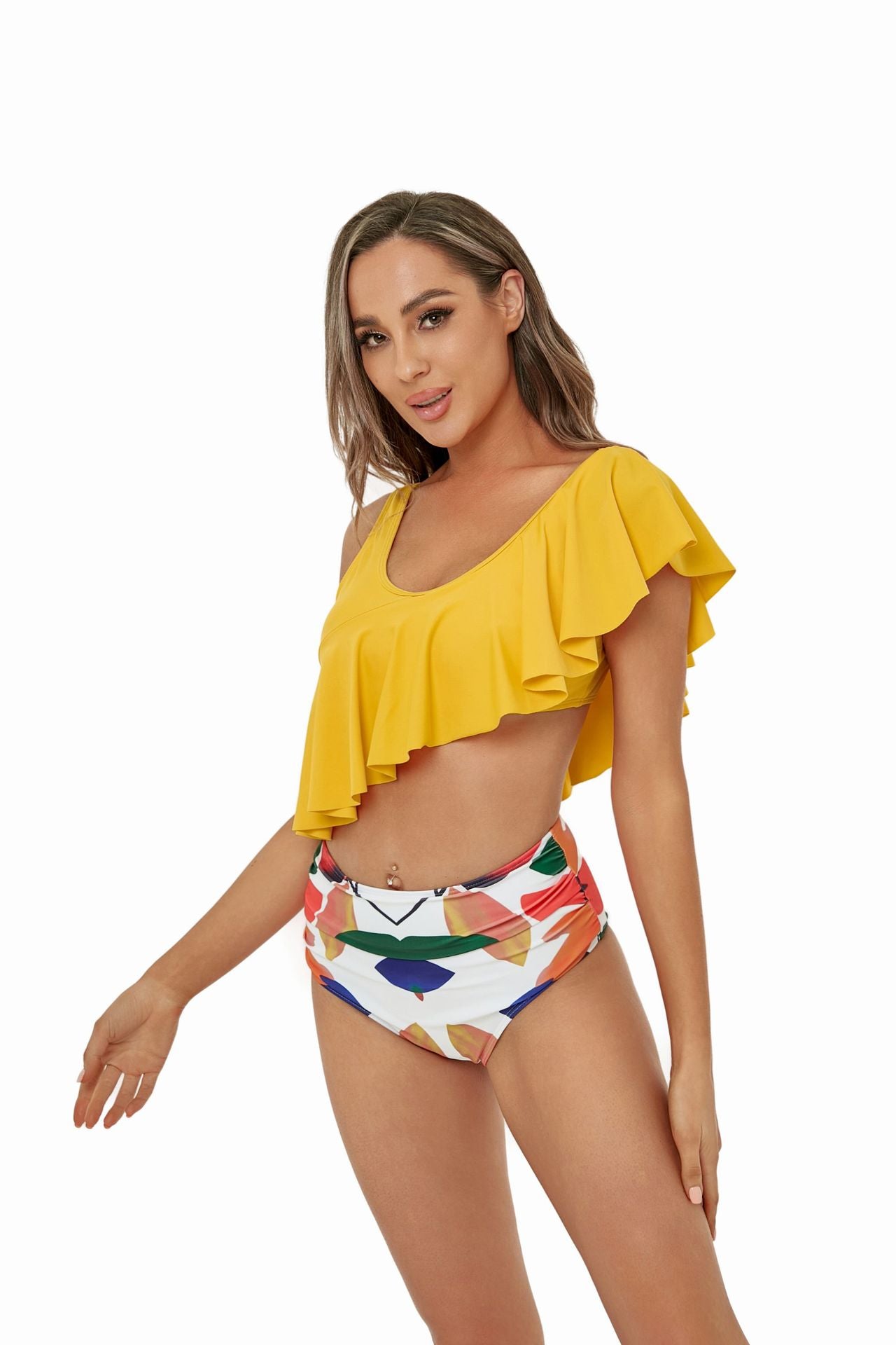 One Shoulder Bikini High Waist Print Triangle Split Swimsuit Ruffle Swimwear Women Bikini Bella Mia