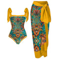 Two Piece Swimsuit Vintage Print Flab Hiding Slimming Sun Protective Beach Dress Swimsuit Bella Mia