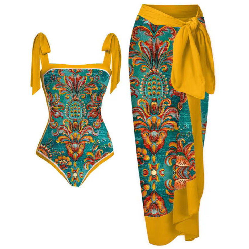 Two Piece Swimsuit Vintage Print Flab Hiding Slimming Sun Protective Beach Dress Swimsuit Bella Mia