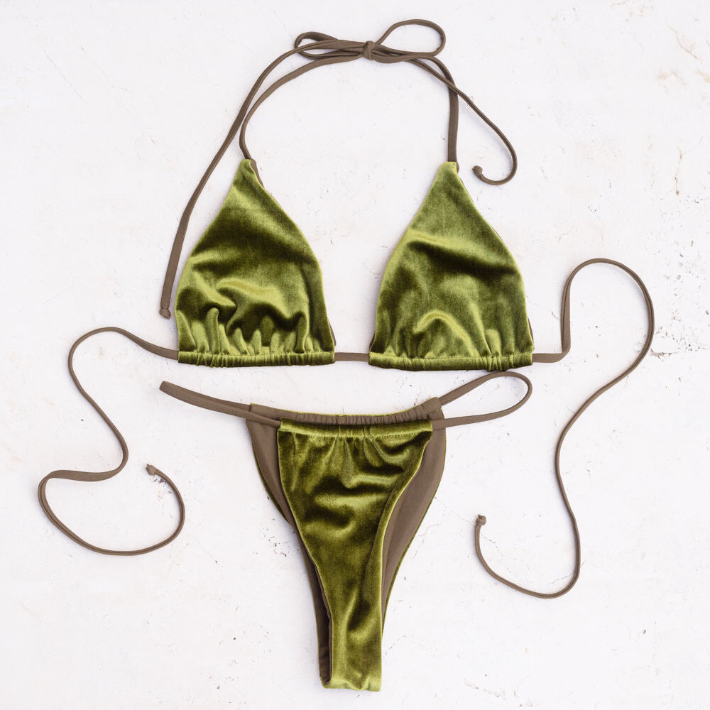 Bikini Swimsuit Gold Velvet Solid Color Swimsuit Women Sexy Triangle Split Swimwear Bikini Bella Mia
