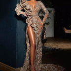 Women Clothing Dress Long Sleeved Trailing V neck Asymmetric Gold Cocktail Dress Bella Mia