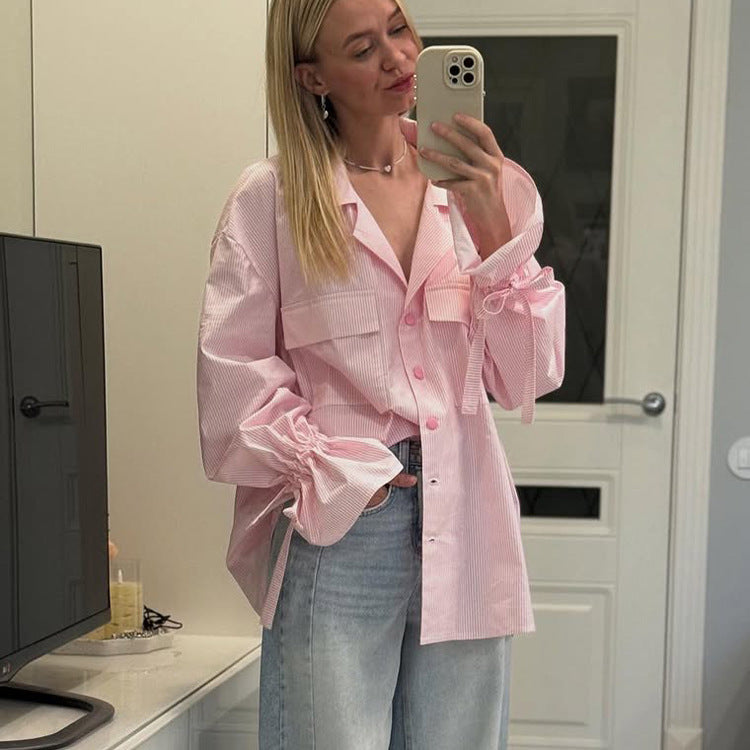 Fashionable Striped Office French Shirt for Women Spring Autumn Printing Collared Bell Sleeve Loose Pockets Shirt Bella Mia