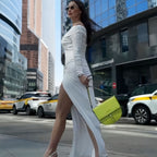 Women Clothing Autumn Solid Color off the Shoulder Tube Top Split Pleated Long Sleeve Dress Bella Mia